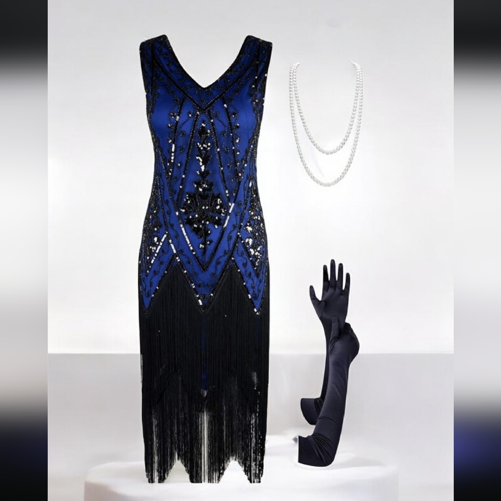 NWT Women's Roaring 1920's Midnight Blue And Black Flapper Dress Size--XL - Picture 2 of 8